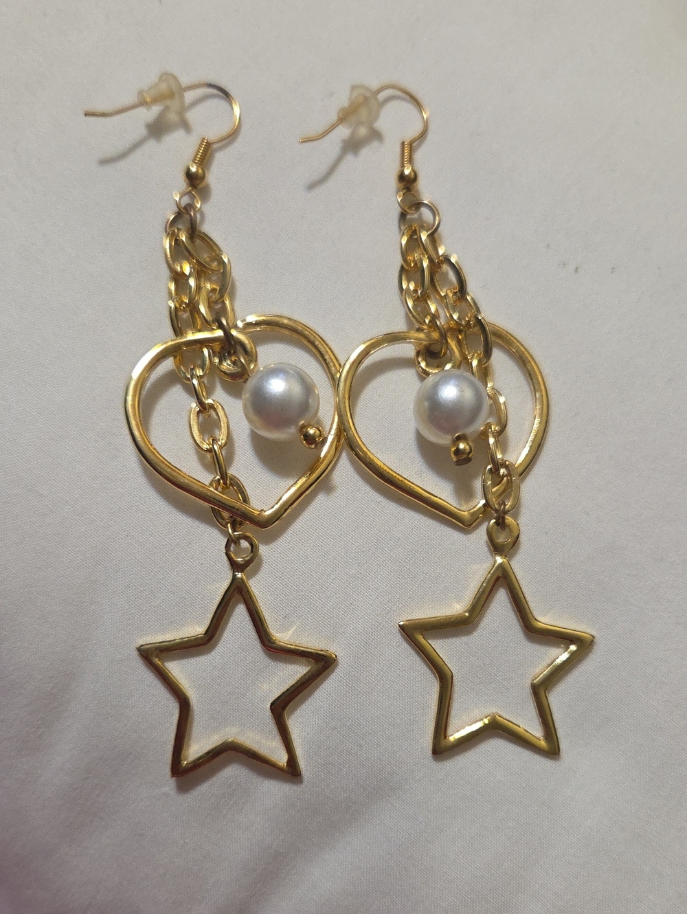 Gold Heart & Star Drop Earrings with Pearl Accent